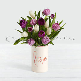 Букет 15 белых, розовых и фиолетовых тюльпанов • Купить цветы Тольятти