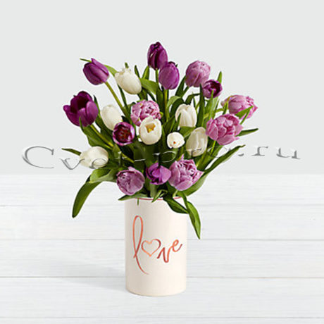 Букет 19 белых, розовых и фиолетовых тюльпанов, купить цветы Тольятти